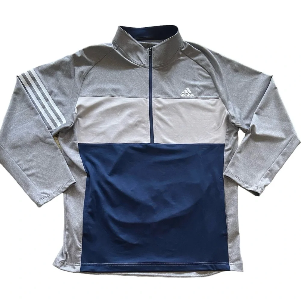Adidas Men’s 1/4 Zip PulloverJacket Three Stripe Gray Blue Front Pockets Medium